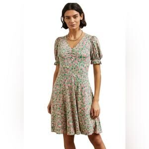 Boden Puff Sleeve Floral Print Jersey Mini Dress In Highland Green Size 8
